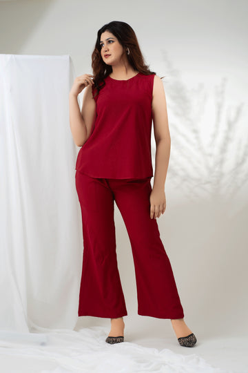 Classic Red Sleeveless Short Length Solid Co-ord Set