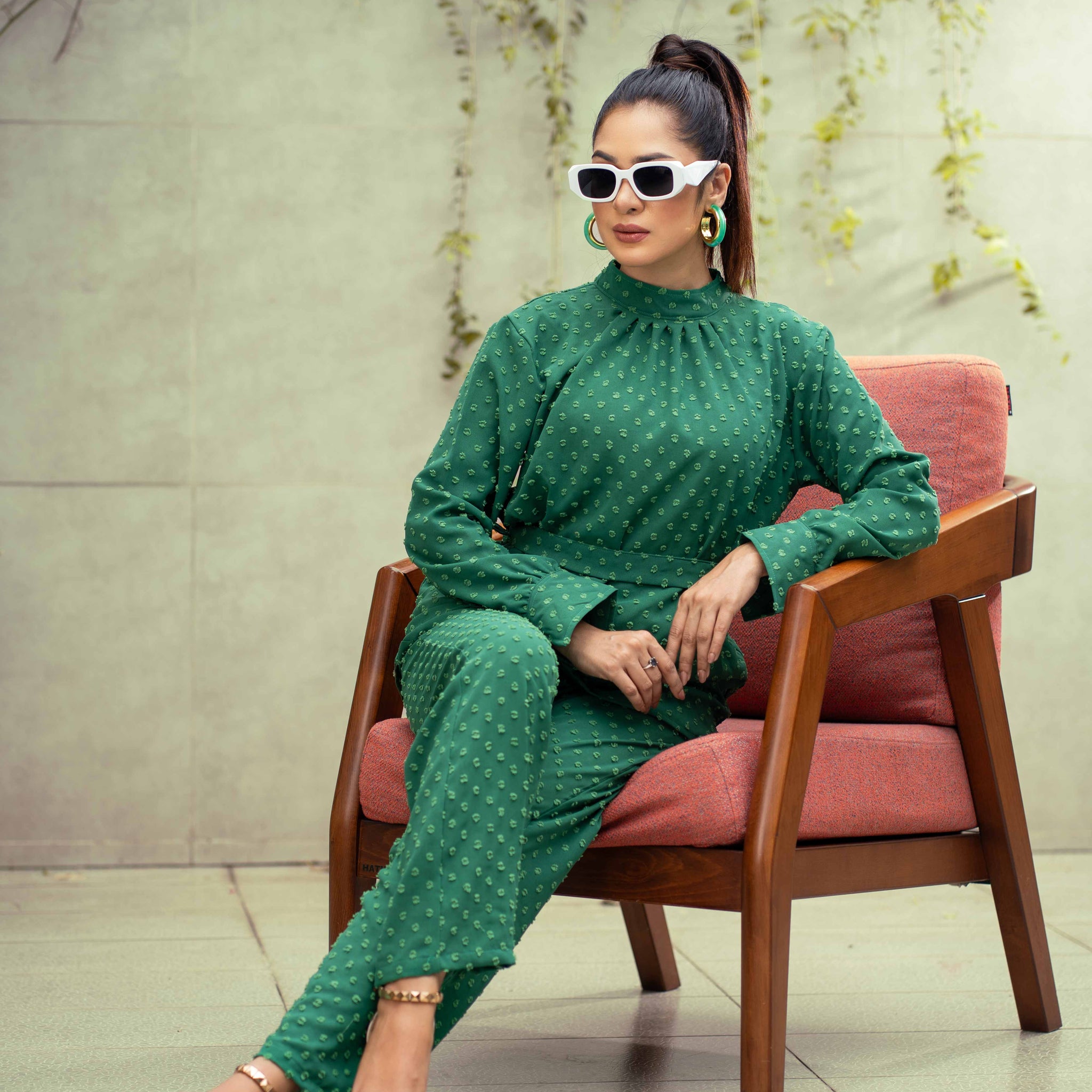 Emerald Whisper Ruffled High Neck Co-Ord Set