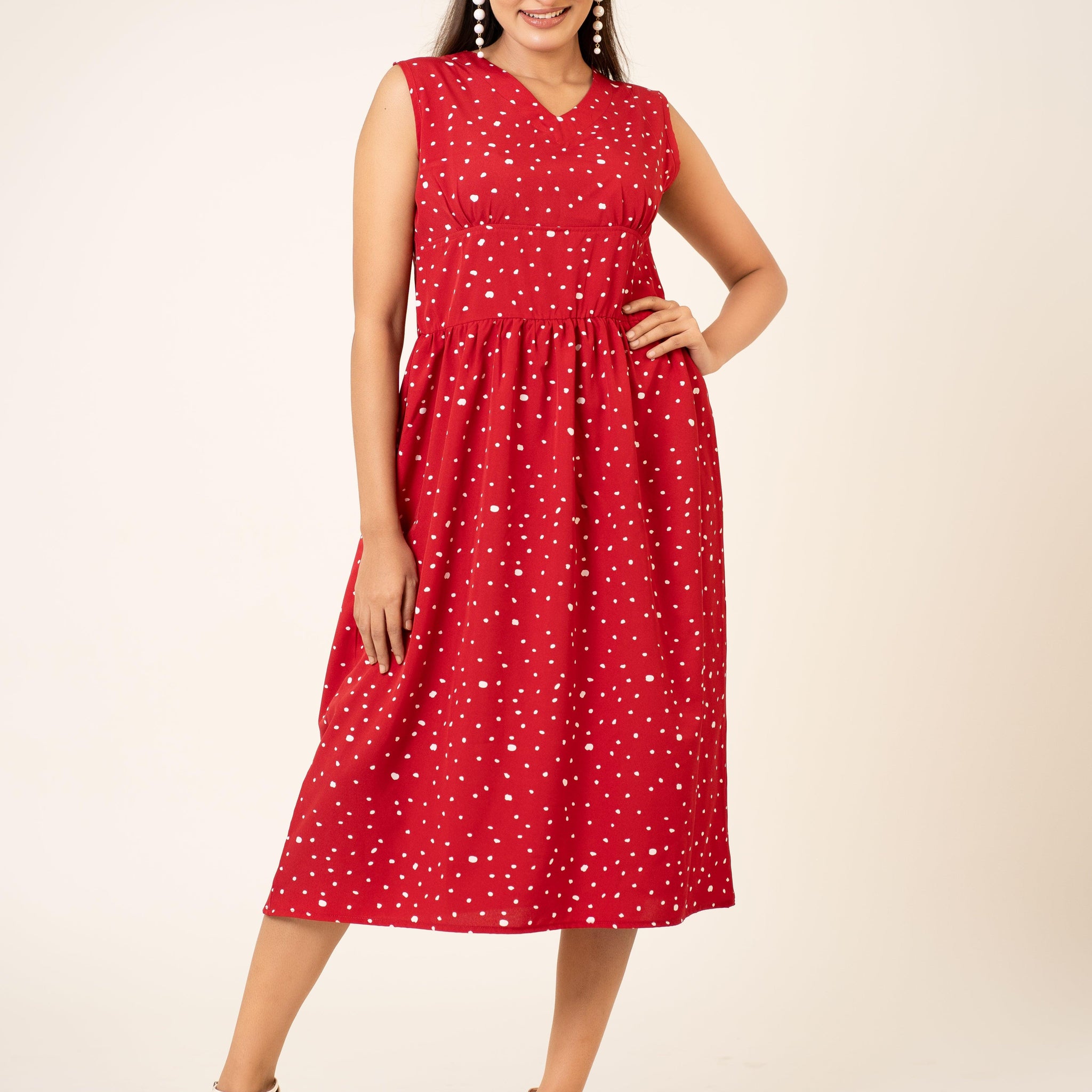 Red Playful Polka-dot Midi Dress