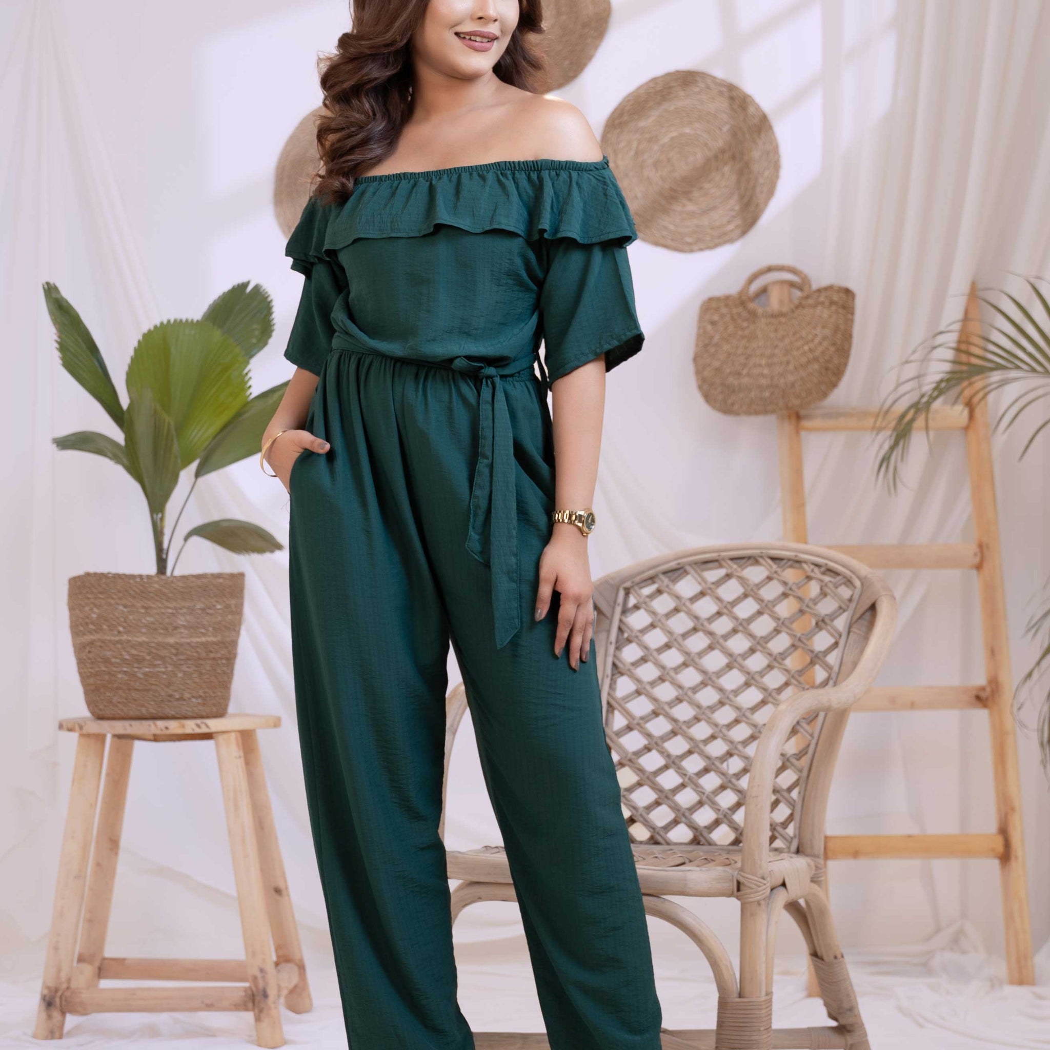 Emerald Breeze Off-Shoulder Jumpsuit
