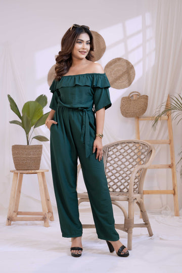 Emerald Breeze Off-Shoulder Jumpsuit
