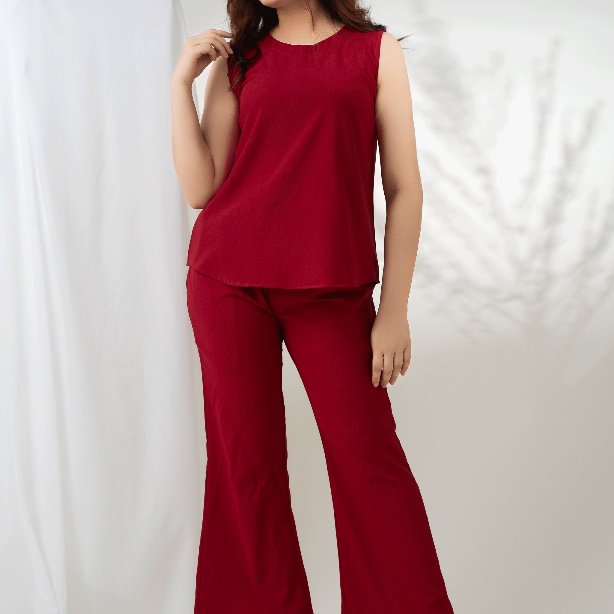 Classic Red Sleeveless Short Length Solid Co-ord Set