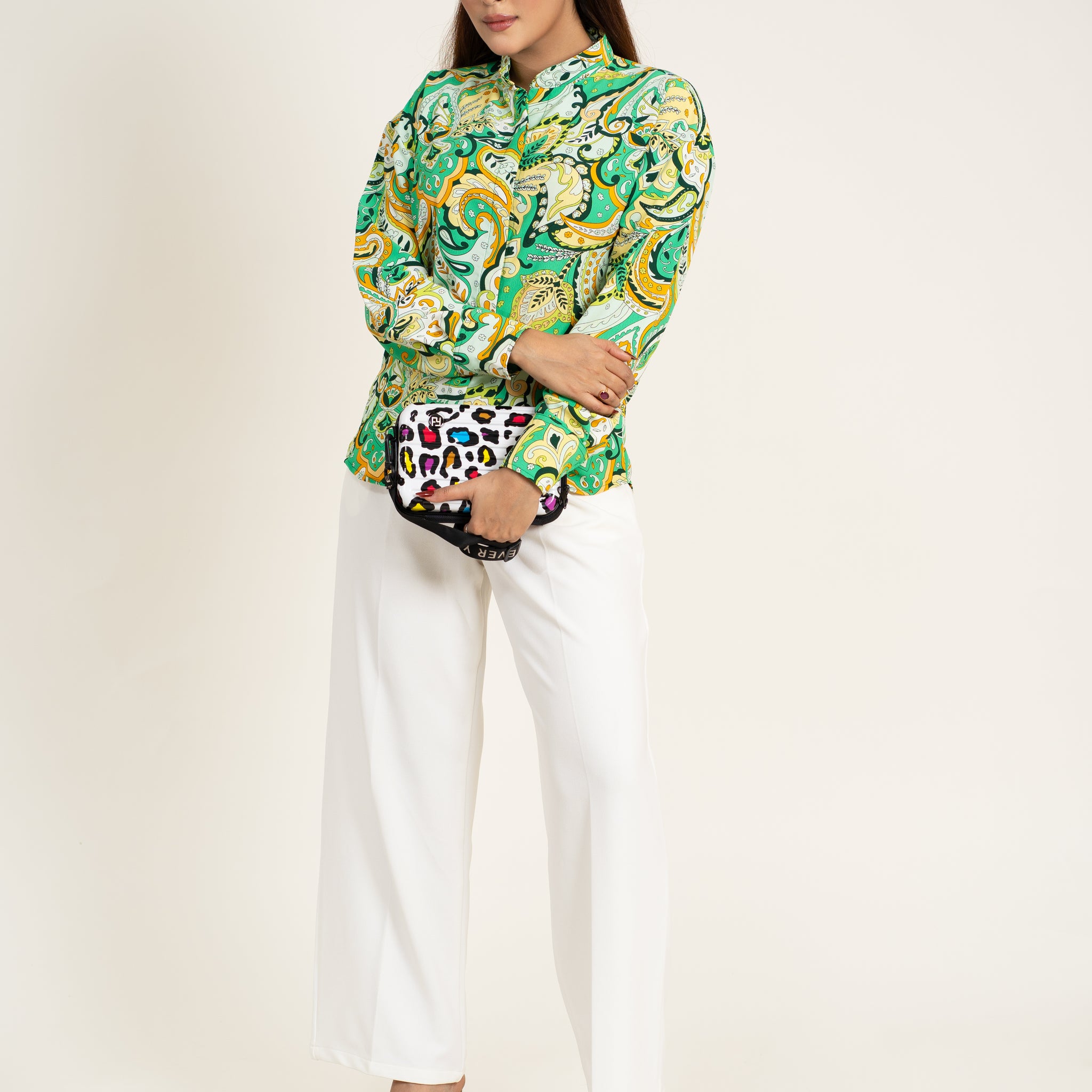 Women Green Print Shirt Long Sleeve Button Blouses
