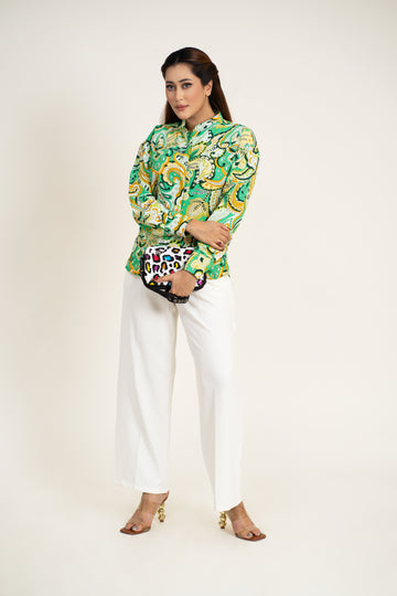 Women Green Print Shirt Long Sleeve Button Blouses