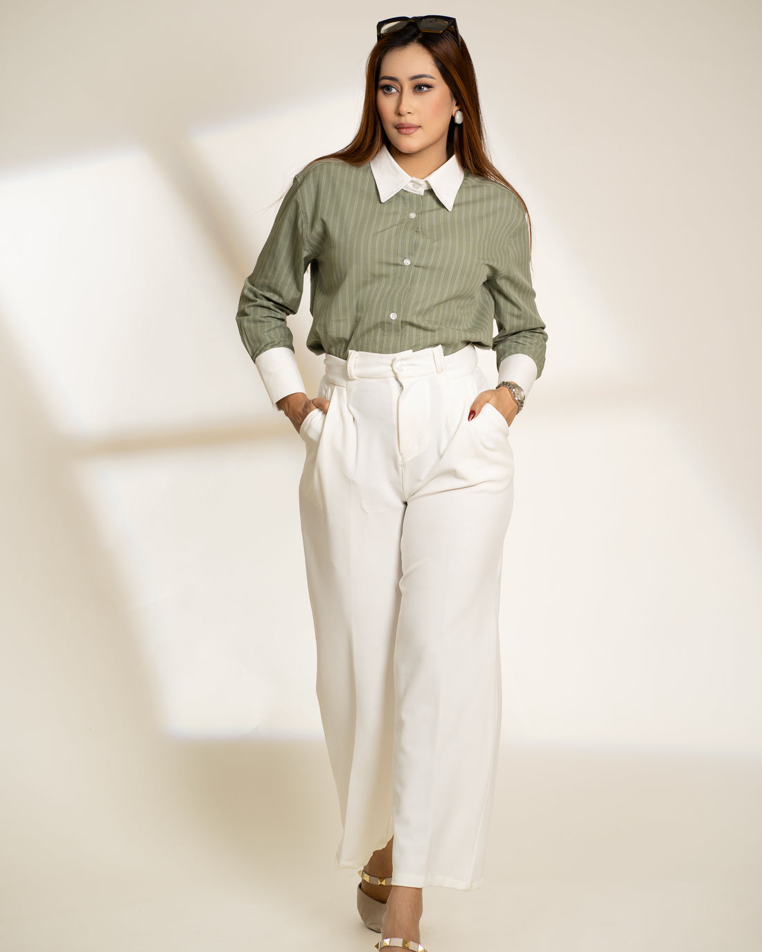 Classic Olive Stripe Shirt with White Contrast Collar